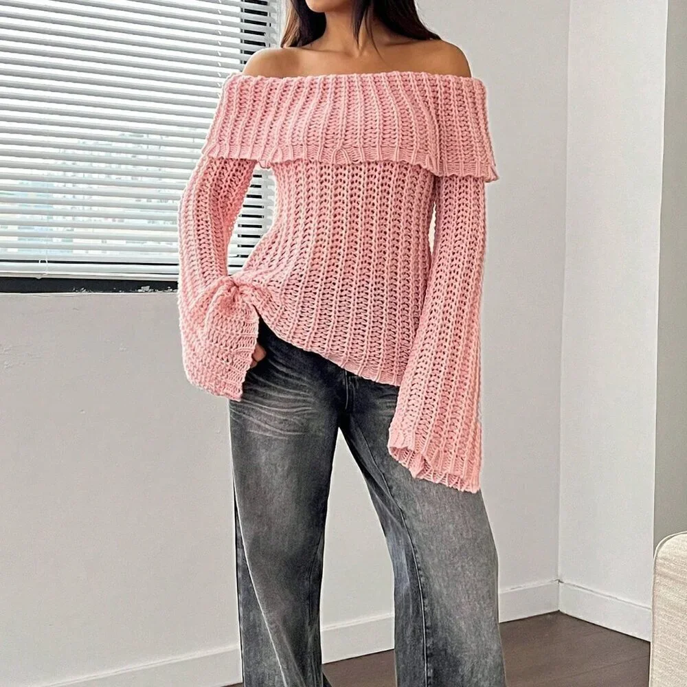 Pink Casual Women's Off-Shoulder Long Sleeve Sweater